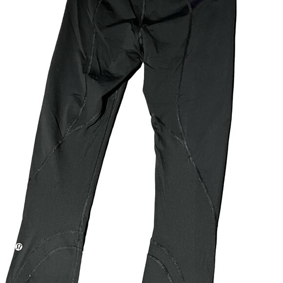 Lululemon Black Yoga Leggings with Turquoise/Coral Striped Waistband - Size 4 - Picture 10 of 16